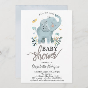 Elephant Flowers Butterflies Baby Shower Invitation