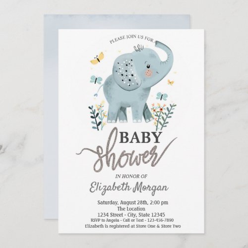 Elephant Flowers Butterflies Baby Shower  Invitation