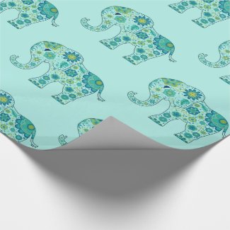 Elephant Flowers Teal Wrapping Paper