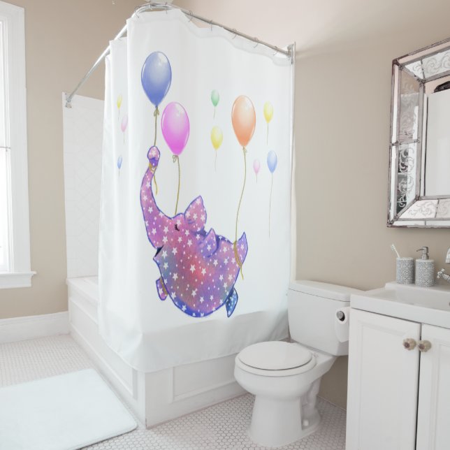 Elephant Flying Shower Curtain Colorful Balloons (In Situ)