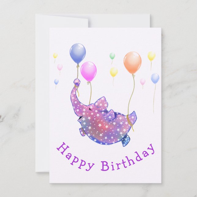 Elephant Flying with Balloons Baby Birthday Card (Front)