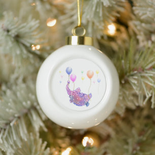 Elephant Flying with Balloons Christmas Ornament
