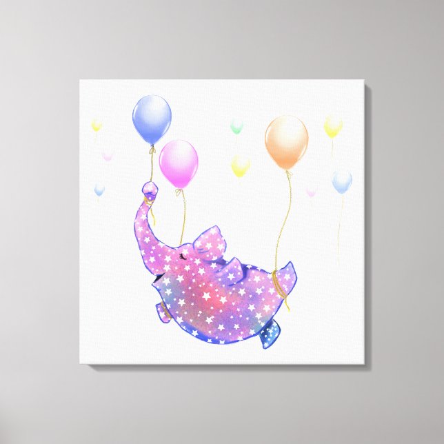 Elephant Flying with Balloons Funny Canvas Print (Front)