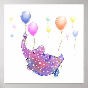 Elephant Flying with Colorful Balloons Poster