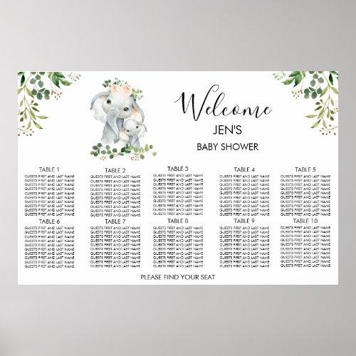 Elephant Foliage Baby Shower Seating Chart Poster