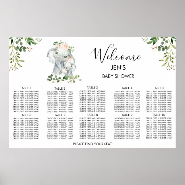 Elephant Foliage Baby Shower Seating Chart Poster (Front)