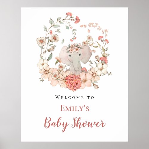 Elephant Foliage Peach Welcome Baby Shower  Poster