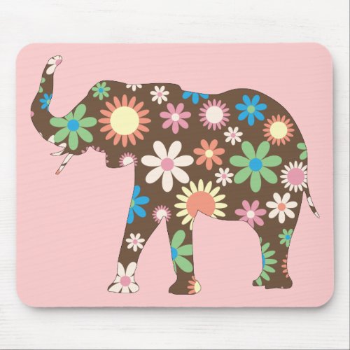 Elephant Funky retro floral flowers colorful cute Mouse Pad