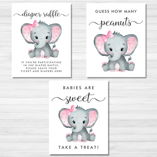 Elephant Games Favors Baby Girl Shower Poster Set