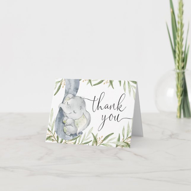 Elephant gender neutral greenery watercolor thank you card (Front)