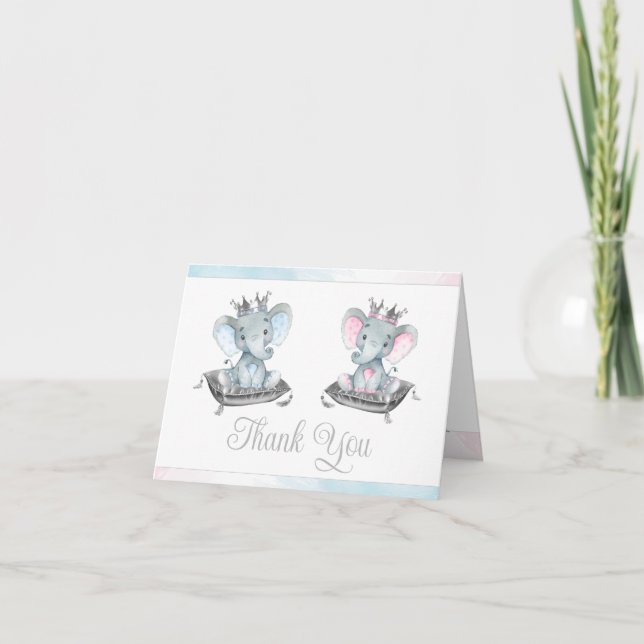 Elephant Gender Reveal and Twin Baby Shower Thank You Card (Front)