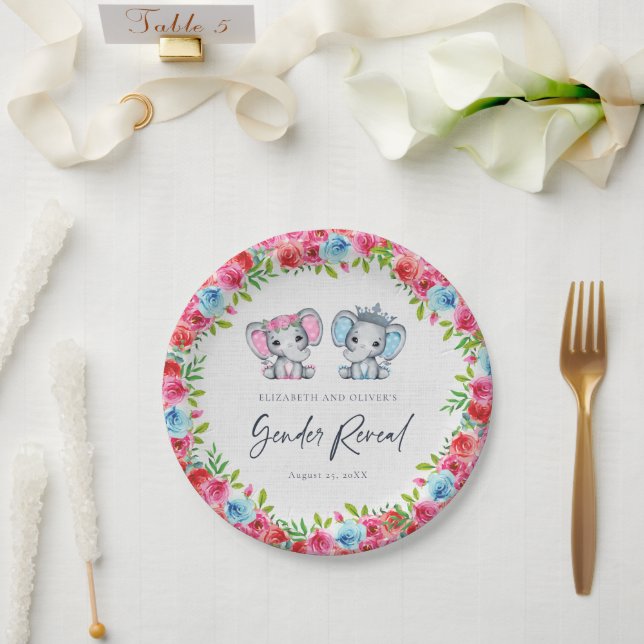 Elephant Gender Reveal Baby Shower Blue and Pink  Paper Plates (Wedding)