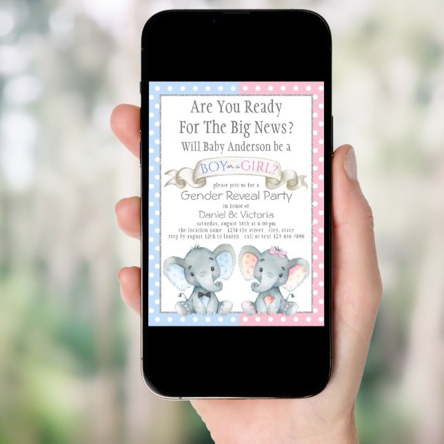 Elephant Gender Reveal Baby Shower Invitations (Front Digital)