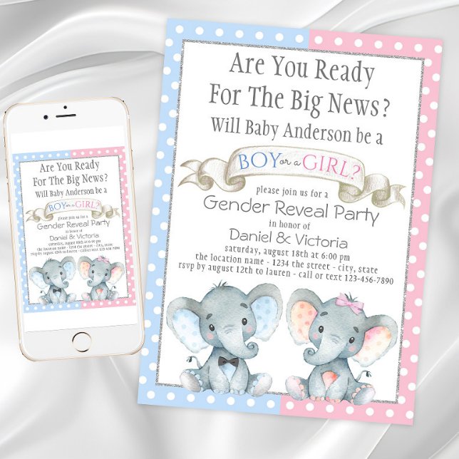Elephant Gender Reveal Baby Shower Invitations