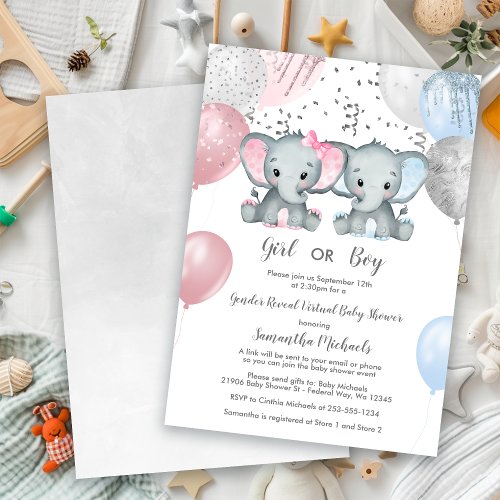 Elephant Gender Reveal Balloon Virtual Baby Shower Invitation