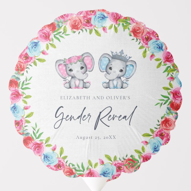 Elephant Gender Reveal Blue and Pink Roses Balloon (Front)