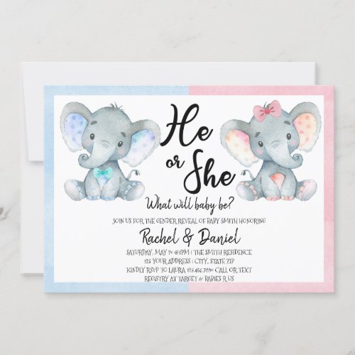 Elephant Gender Reveal He or She Blue Pink Invitation