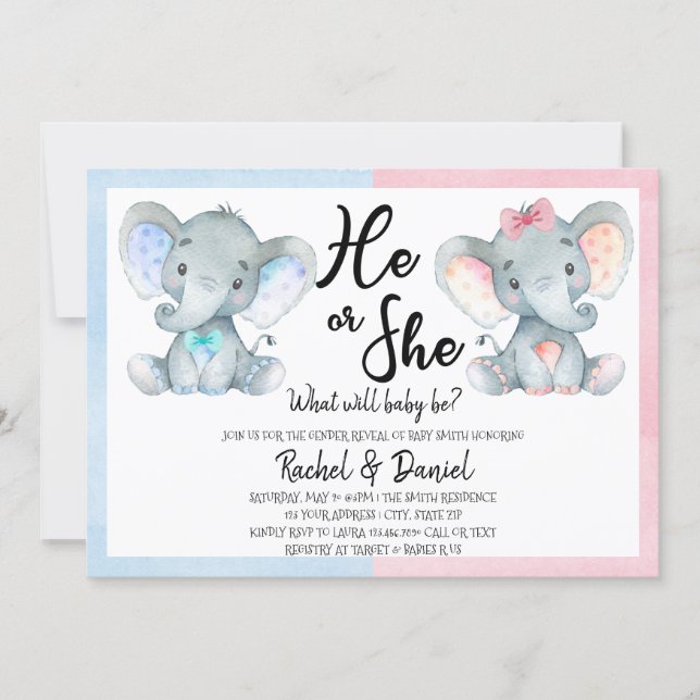 Elephant Gender Reveal He or She Blue Pink Invitation (Front)
