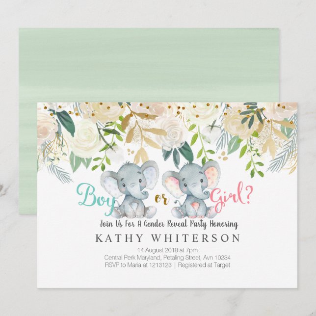 Elephant gender reveal Invitation Botanical (Front/Back)