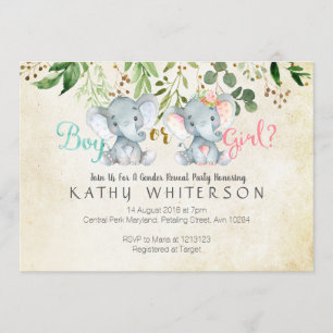 Elephant gender reveal Invitation Greneery