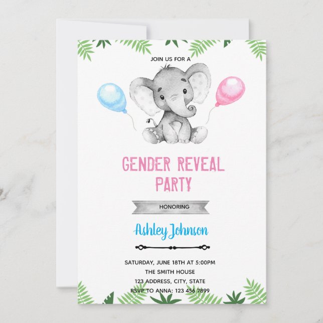 Elephant gender reveal shower invitation (Front)