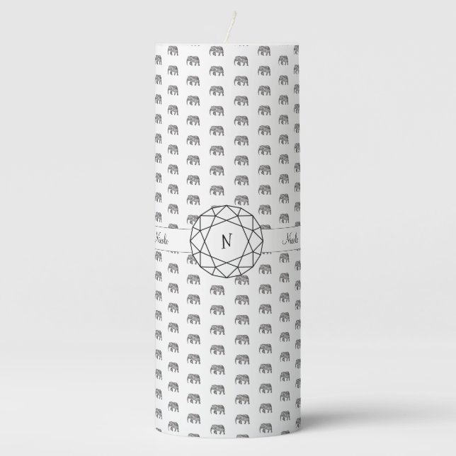 Elephant Geometric Monogram Black and White Pillar Candle (Front)