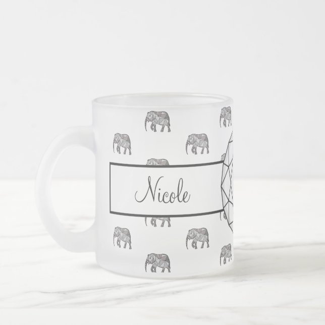 Elephant Geometric  Monogram Black and White Two-T Frosted Glass Coffee Mug (Left)
