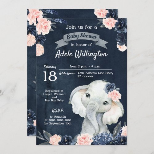 Elephant Gift Watercolor Floral Navy Pink Baby Invitation