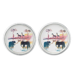 Elephant, Giraffe at Sunset Wildlife Cufflinks