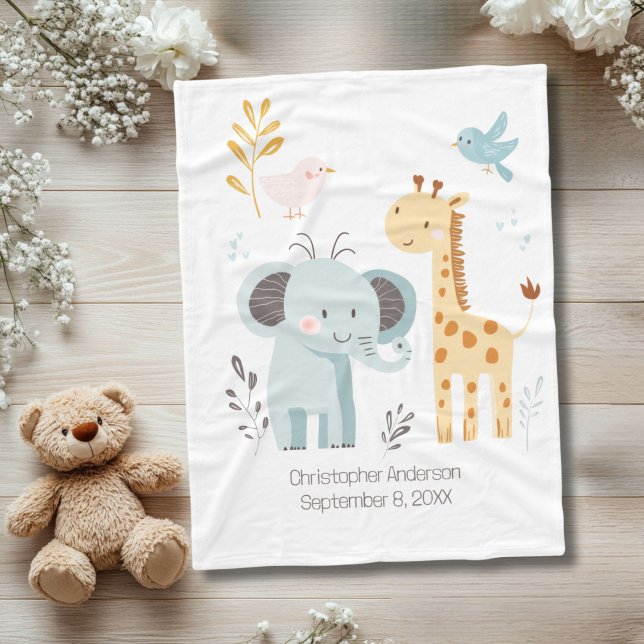 Elephant Giraffe Bird Personalized Birth Stat Baby Fleece Blanket (Personalized Birth Stats Elephant Giraffe Bird Baby Blanket)