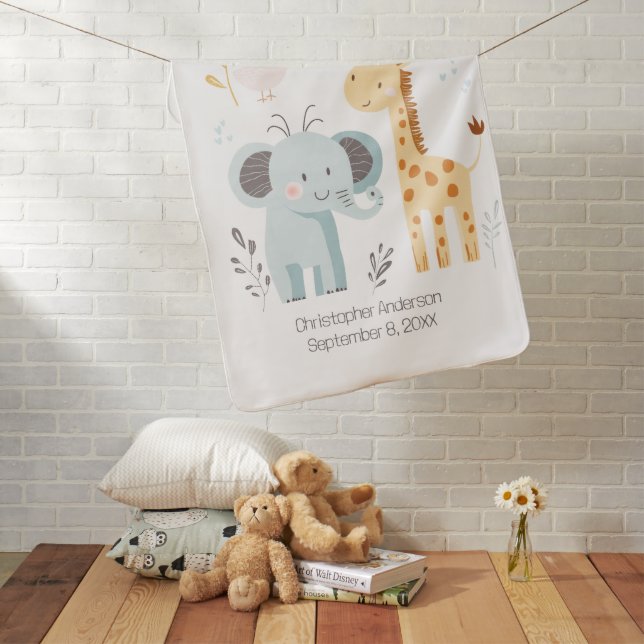 Elephant Giraffe Bird Personalized Birth Stat Cute Baby Blanket (In Situ)