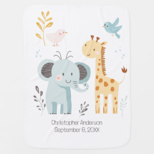 Elephant Giraffe Bird Personalized Birth Stat Cute Baby Blanket