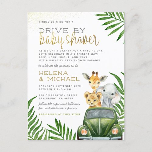 Elephant  Giraffe Green Car Drive By Baby Shower Invitation Postcard