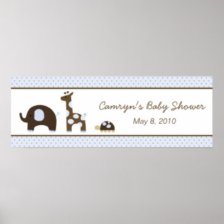 Elephant & Giraffe in Blue Baby Shower Banner Poster