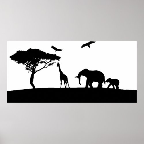 elephant giraffe jungle safari animal silhouette poster