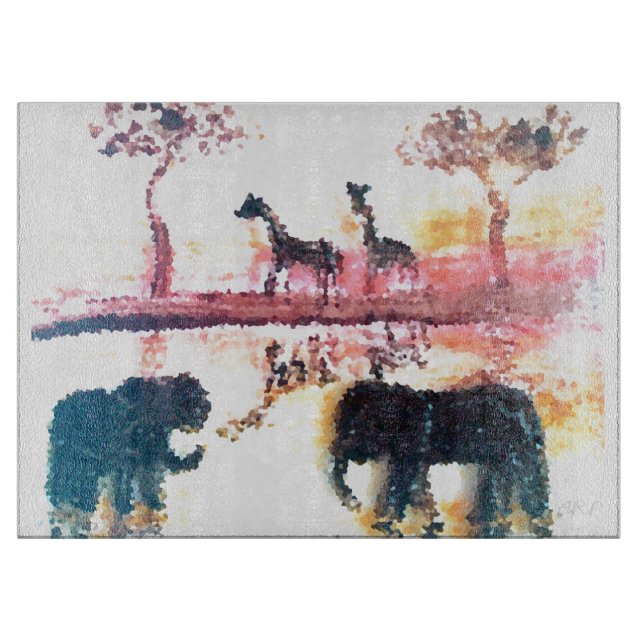 Elephant, Giraffe Safari Sunset Art Cutting Board (Front)