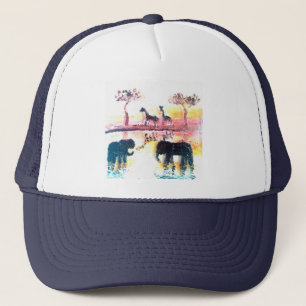 Elephant, Giraffe Safari Sunset Art Trucker Hat