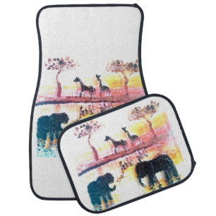 Elephant, Giraffe Safari Sunset Wildlife Car Mat
