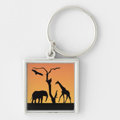 Elephant  Giraffe silhouette sunset keychain
