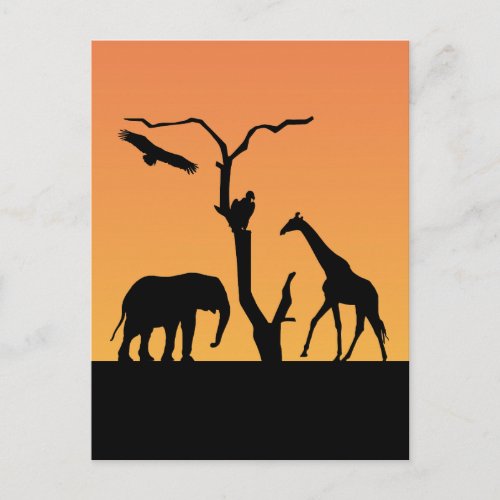 Elephant  Giraffe silhouette sunset postcard