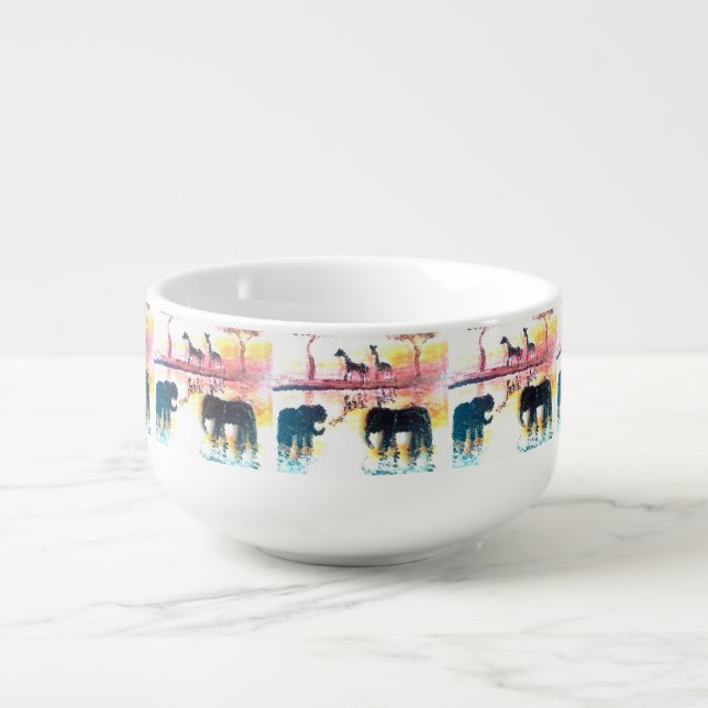 Elephant, Giraffe Sunset Wildlife Soup Mug (Front)