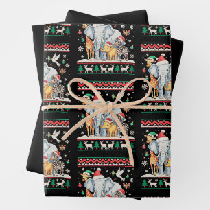 Elephant Giraffe Zebra Jungle Zoo Ugly Christmas Wrapping Paper Sheets