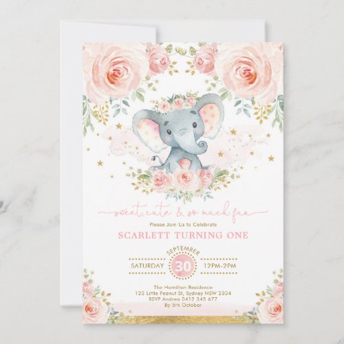 Elephant Girl 1st Birthday Blush Pink Gold Floral Invitation