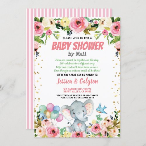 Elephant girl baby shower by mail pink rose invitation