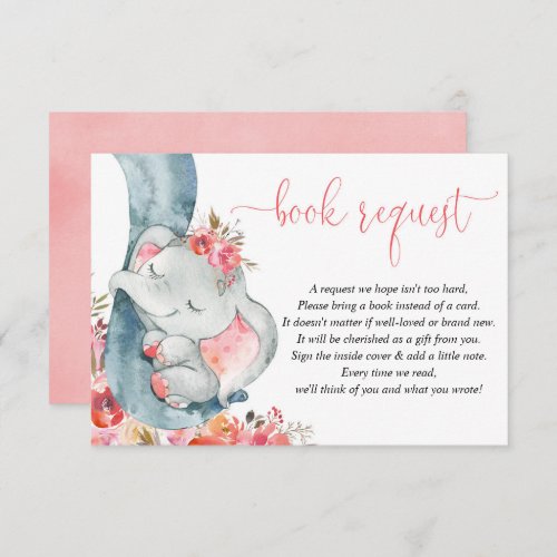 Elephant girl baby shower coral pink book request enclosure card