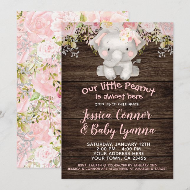 Elephant Girl Baby Shower Invitation (Front/Back)