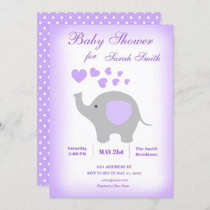 Elephant Girl Baby Shower Invitation Purple Hearts