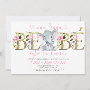 Elephant girl baby shower invitation, Spanish. Invitation