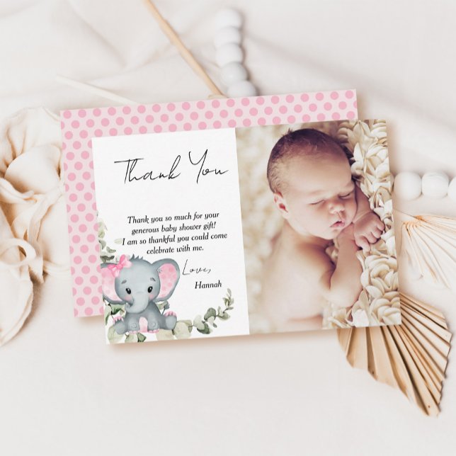 Elephant Girl Baby Shower Photo Thank You Card (Creator Uploaded)