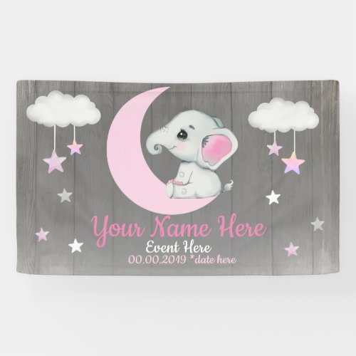 Elephant Girl Backdrop Moon Stars Pink Name Stars Banner